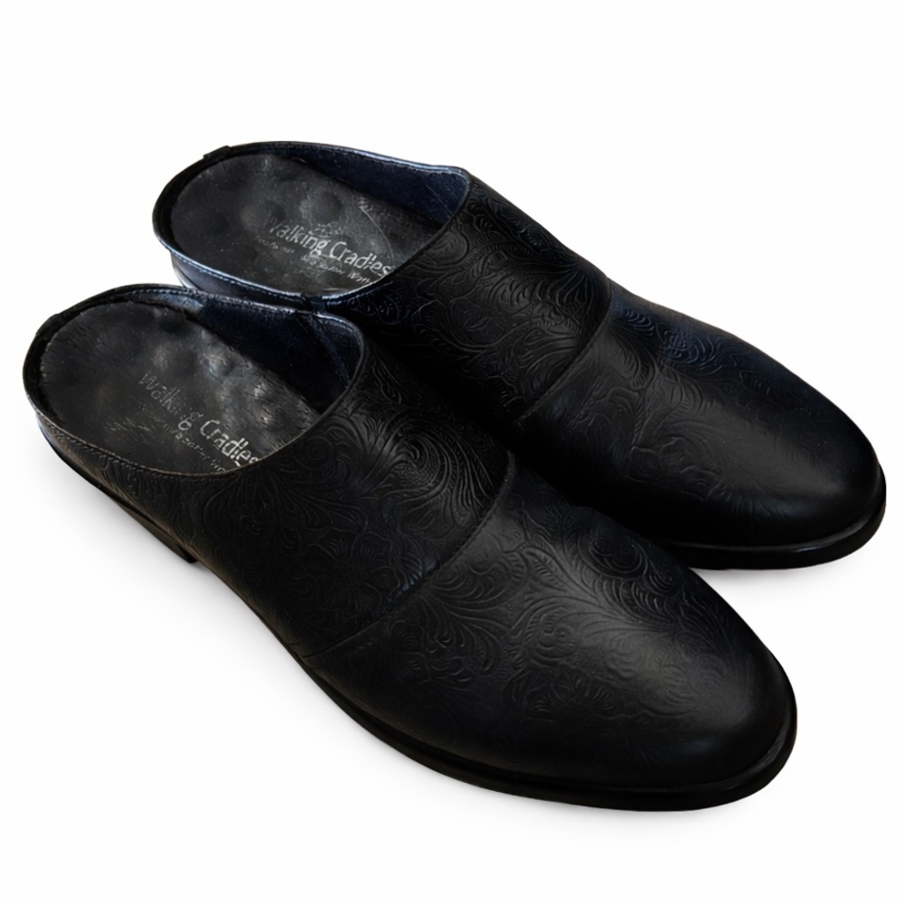 Walking Cradles Caden Black Leather Mule Clog 7 Comfort Embossed Floral - Picture 2 of 5